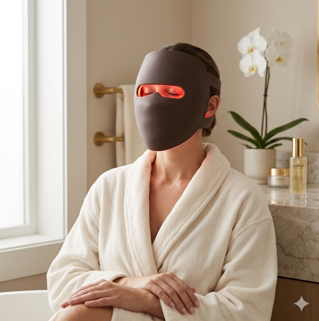 Femme utilisant un masque LED pour soin du visage à domicile